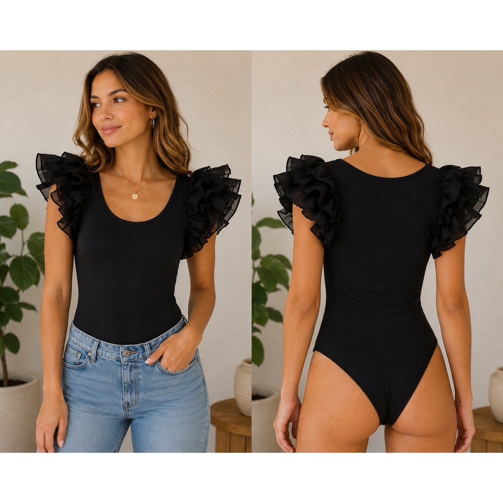 Zara Ruffle Sleeve Bodysuit Womens Small Black‎ Dramatic Romantic Chic